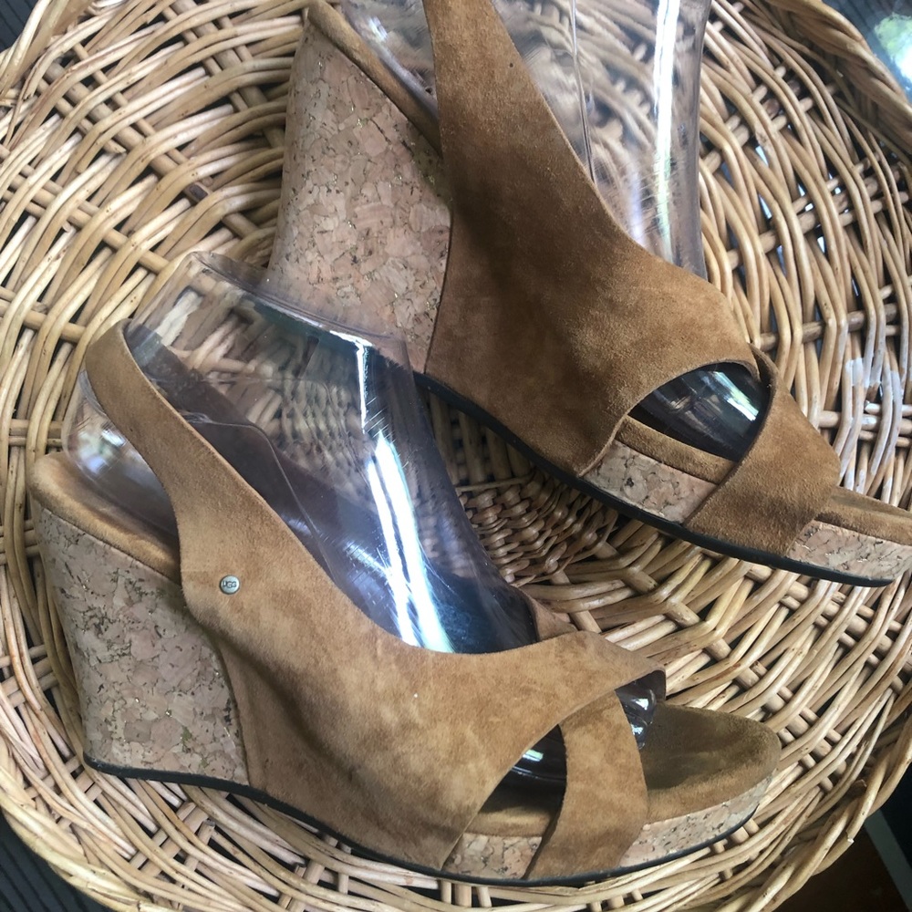 UGG Australia Suede Cork Wedge Heels Sandals - Picture 3 of 9